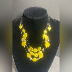 Vintage Yellow Glass Beaded Three Strand Necklace